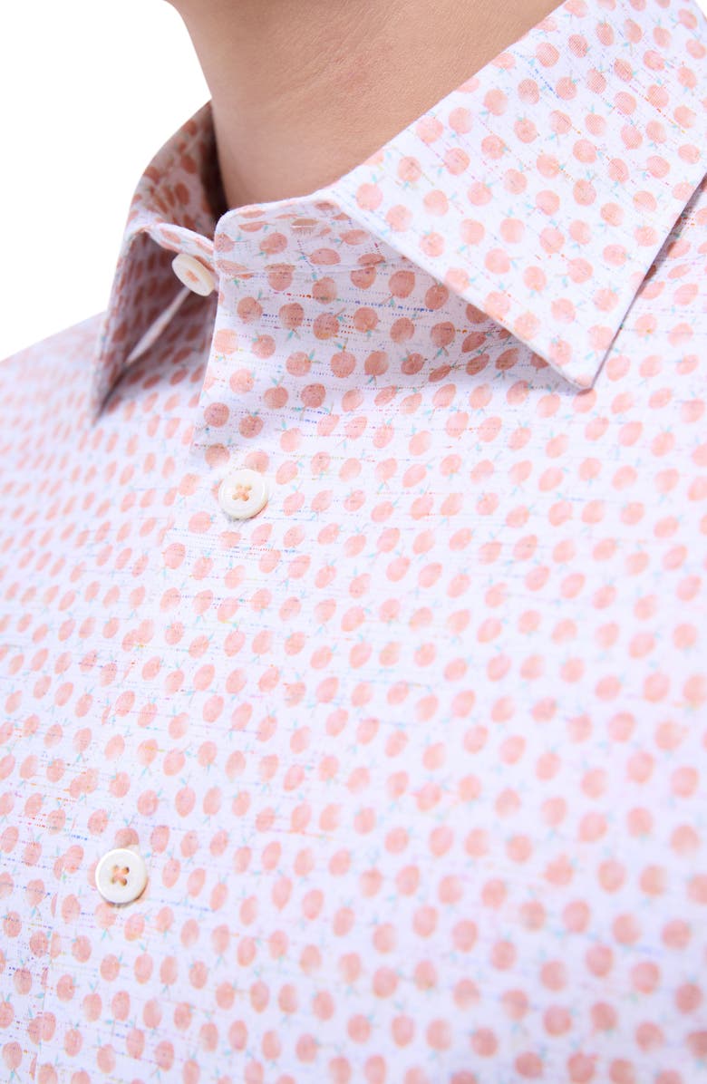 Bugatchi Miles OoohCotton<sup>®</sup> Peach Print Short Sleeve Button-Up Shirt, Alternate, color, Papaya