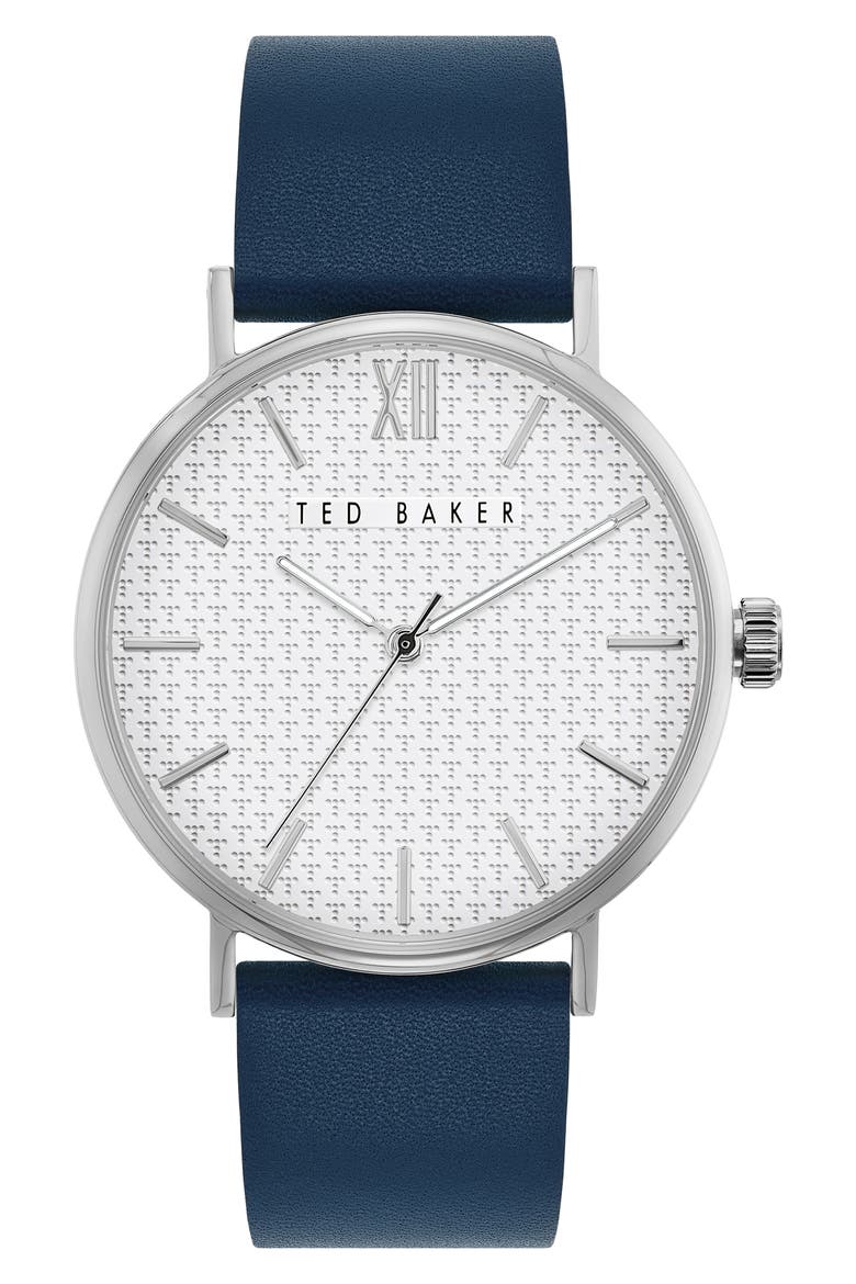 Phylipa Gents Leather Strap Watch, 43mm, Main, color, BLUE/ WHITE T-PATTERN/ SILVER