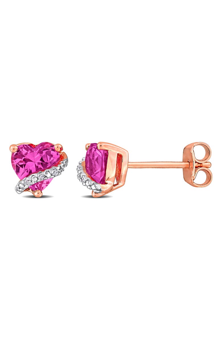 DELMAR Lab Grown Pink Sapphire & Diamond Heart Stud Earrings, Main, color,