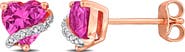 DELMAR Lab Grown Pink Sapphire & Diamond Heart Stud Earrings