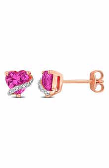 DELMAR Lab Grown Pink Sapphire & Diamond Heart Stud Earrings