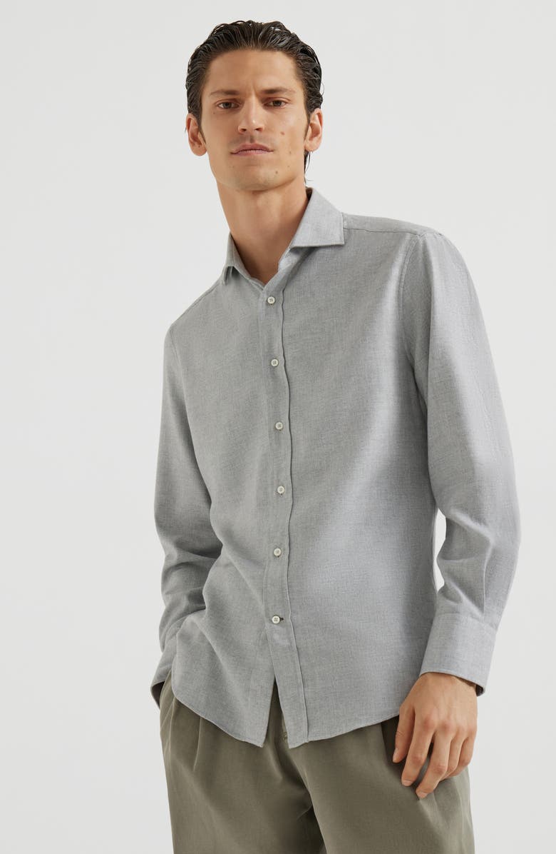 Brunello Cucinelli Flannel chevron shirt, Alternate, color, Grey