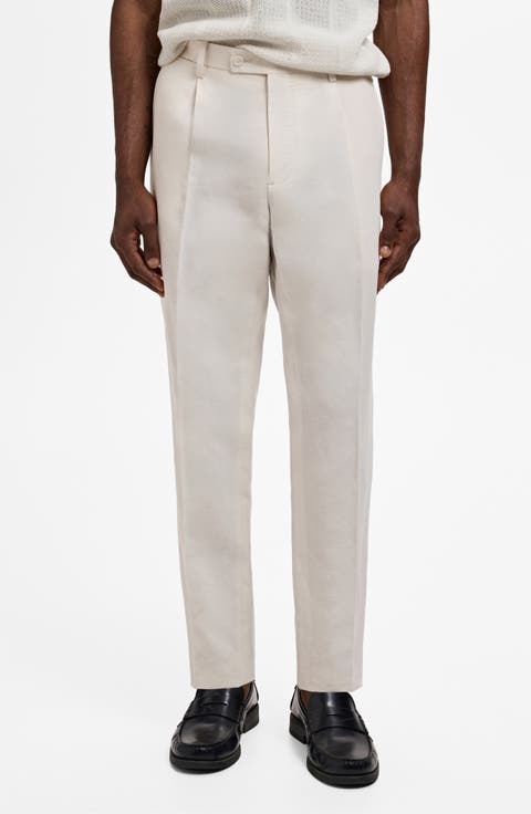 Pleated Slim Fit Straight Leg Linen Blend Pants