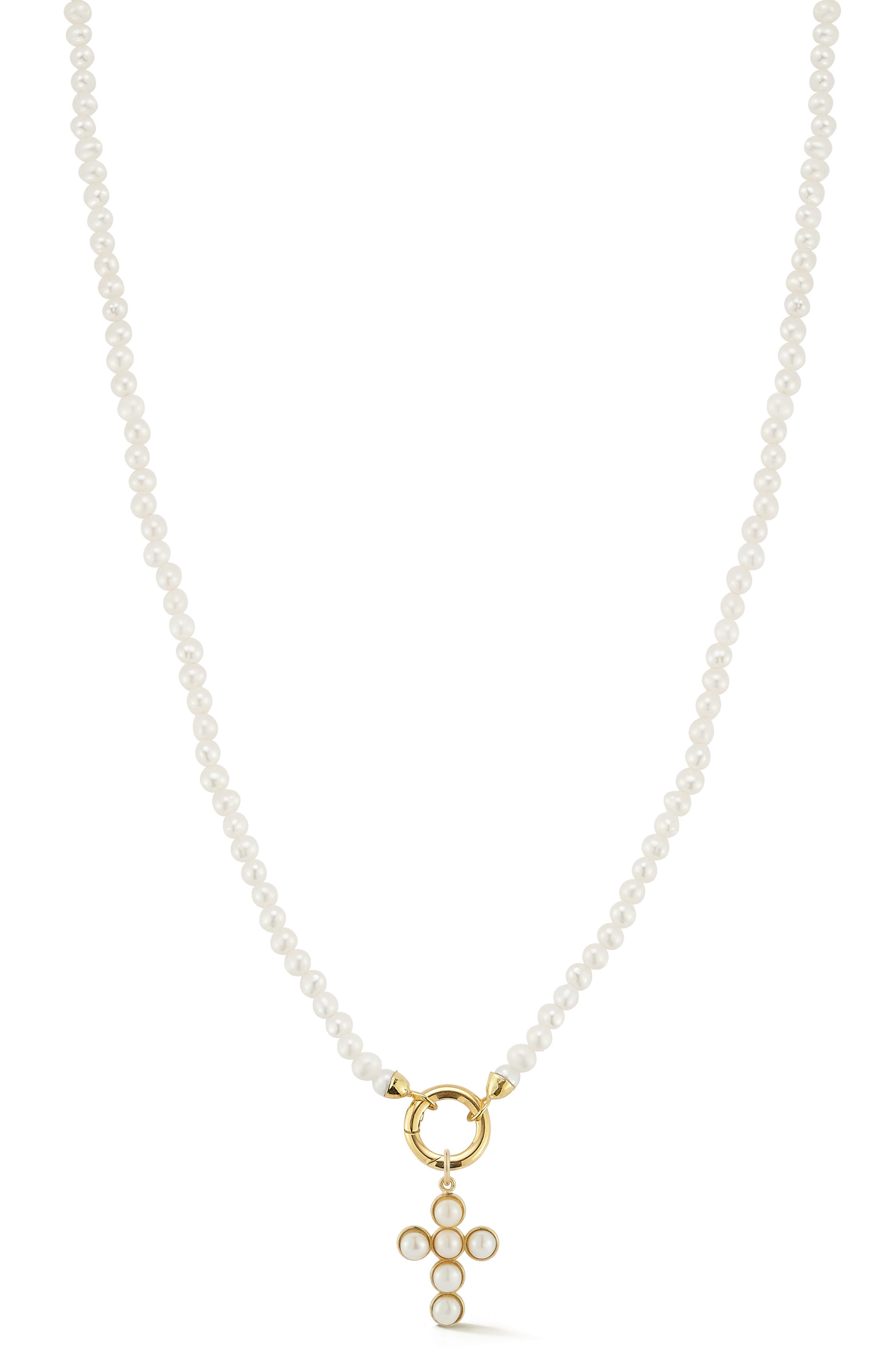 Ember Fine Jewelry 14K Yellow Gold Cultured Pearl Cross Charm Beaded Necklace