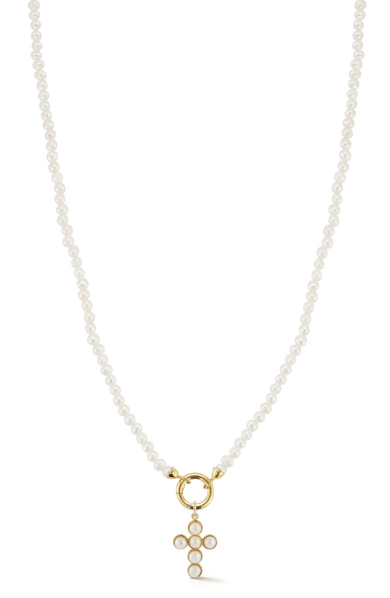 Ember Fine Jewelry 14K Yellow Gold Cultured Pearl Cross Charm Beaded Necklace, Main, color, Gold/Pearl