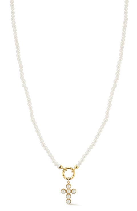 14K Yellow Gold Cultured Pearl Cross Charm Beaded Necklace