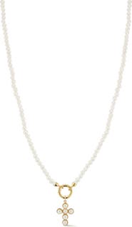 Ember Fine Jewelry 14K Yellow Gold Cultured Pearl Cross Charm Beaded Necklace