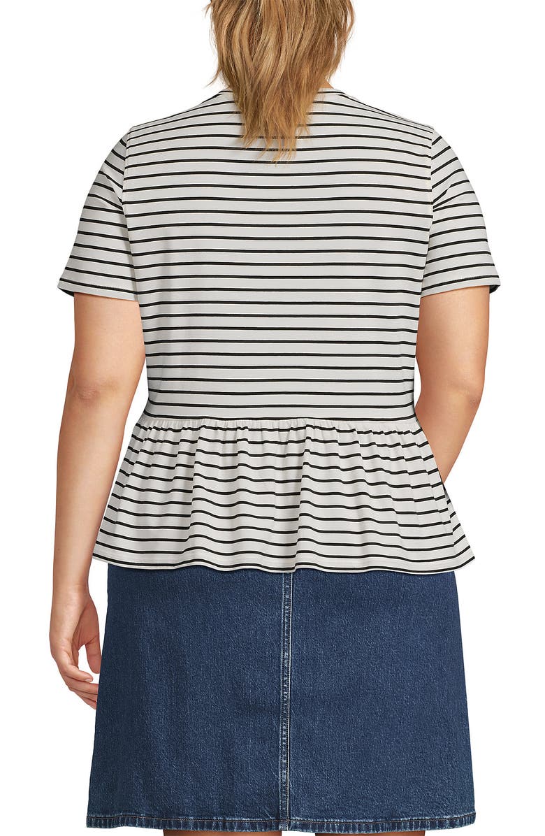 Lands' End Plus Size Short Sleeve Lightweight Jersey Crew Neck Peplum Tee, Alternate, color, Ivory/Black Stripes