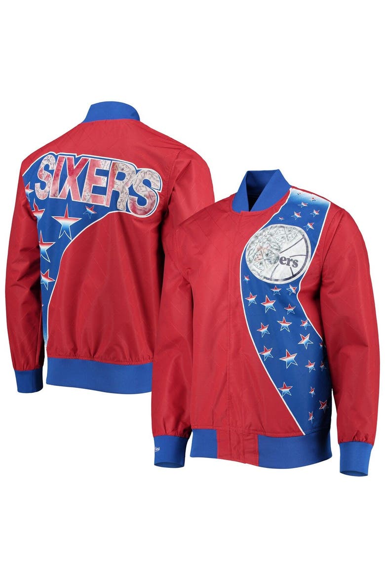 Men's Philadelphia 76ers Red Mitchell & Ness Hardwood Classics 75th Anniversary Authentic Warmup Full-Snap Jacket, Main, color, Red