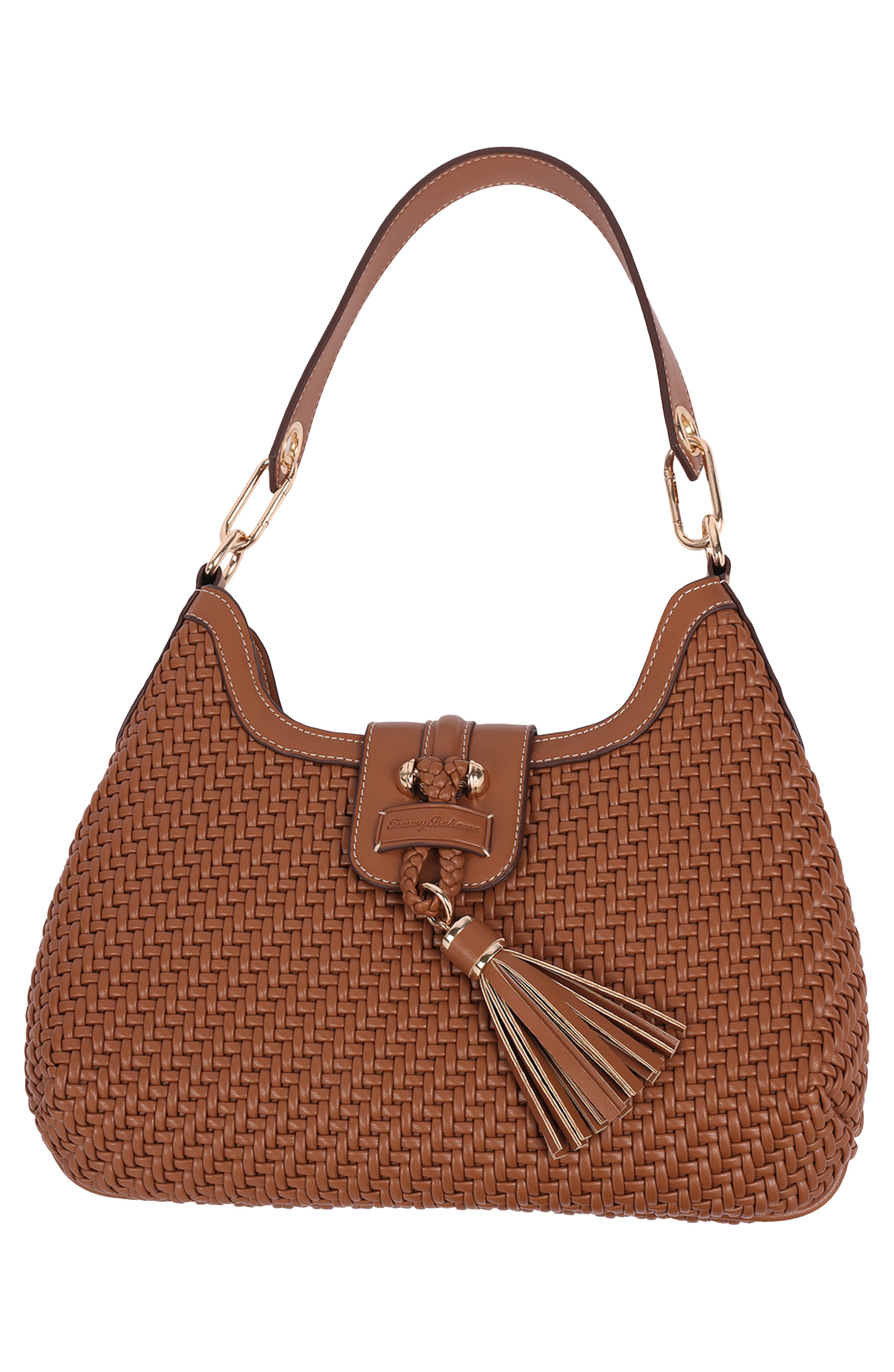 Tassel Tab Woven Faux Leather Hobo Bag, Alternate, color, COGNAC