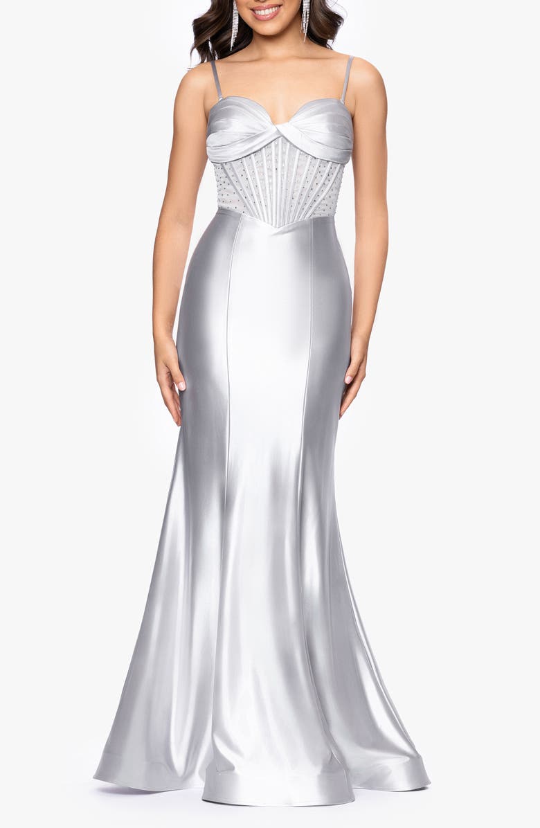 Betsy & Adam Metallic Satin Trumpet Gown, Main, color, Silver