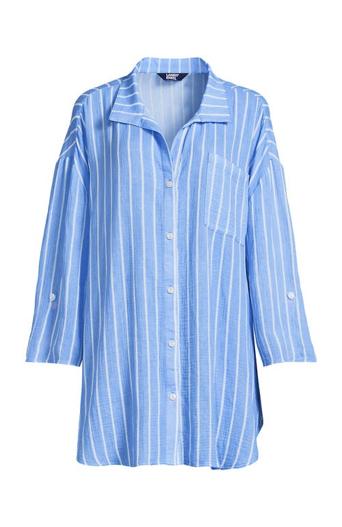 Lands' End Oversized Gauze Button Front Cover-up Shirt In Blue