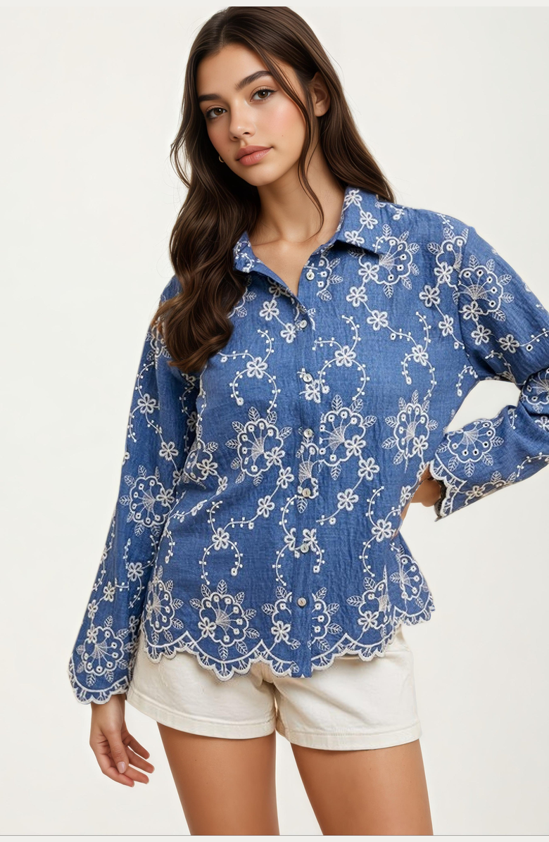 Knit and Lounge Floral Embroidered Denim Long Sleeve Blouse, Alternate, color, 