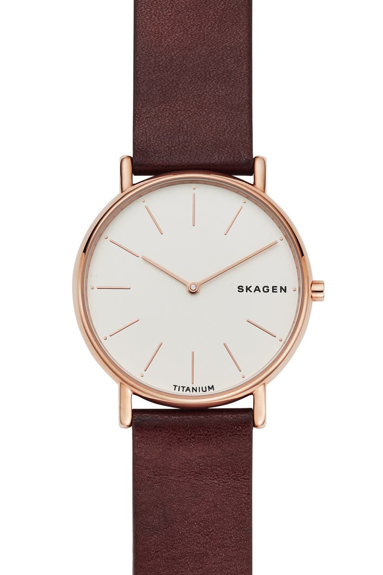 Signatur Leather Strap Watch, 40mm, Main, color, RED/ WHITE/ ROSE GOLD