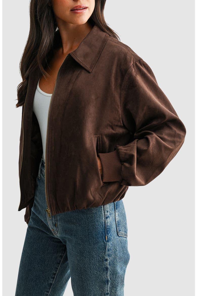 Stretch Faux Suede Bomber Jacket, Alternate, color, DARK CHOCOLATE