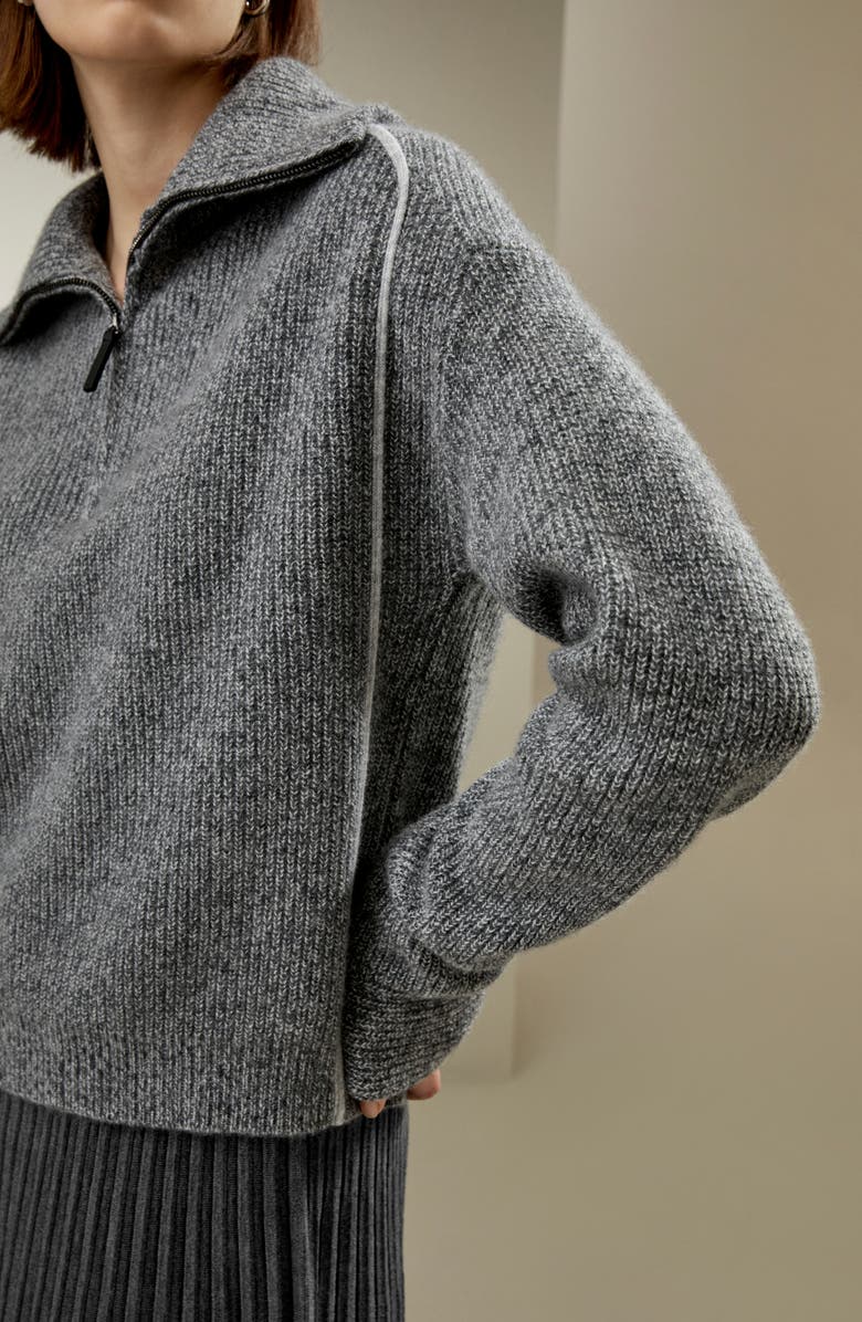 Lilysilk Women's Cashmere Half Zip-Up Ribbed Sweater, Alternate, color, Mixed Gray