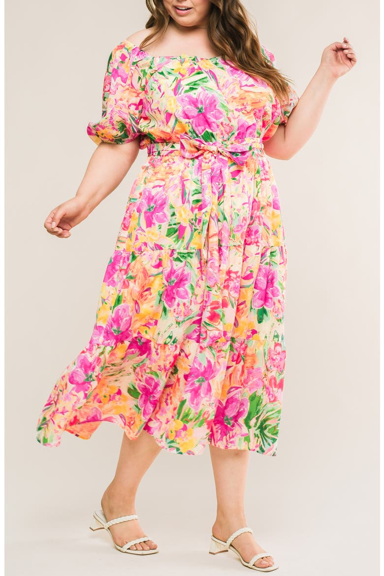 Printed Tie Waist Tiered Maxi Dress, Alternate, color, IVORY FUCHSIA
