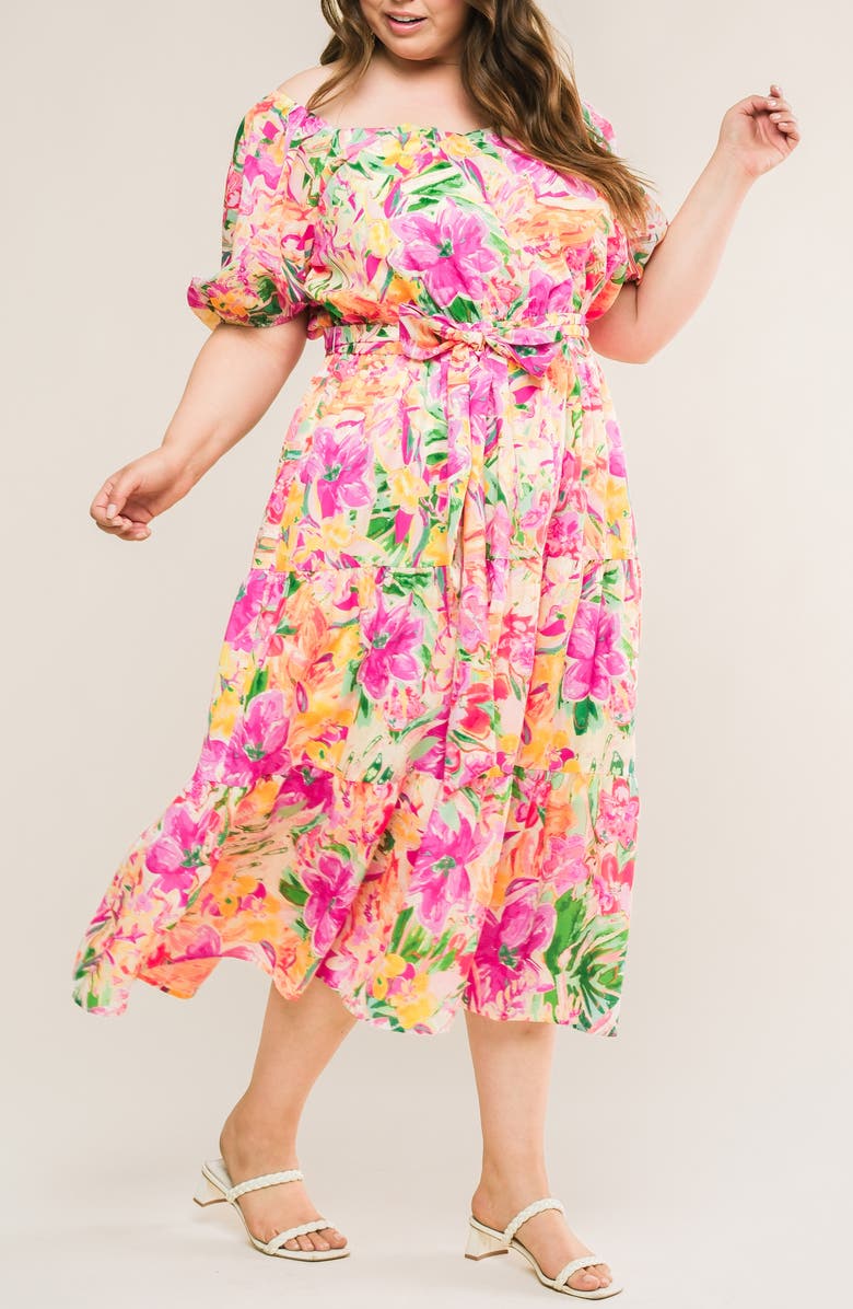 FLYING TOMATO Printed Tie Waist Tiered Maxi Dress, Alternate, color, Ivory Fuchsia