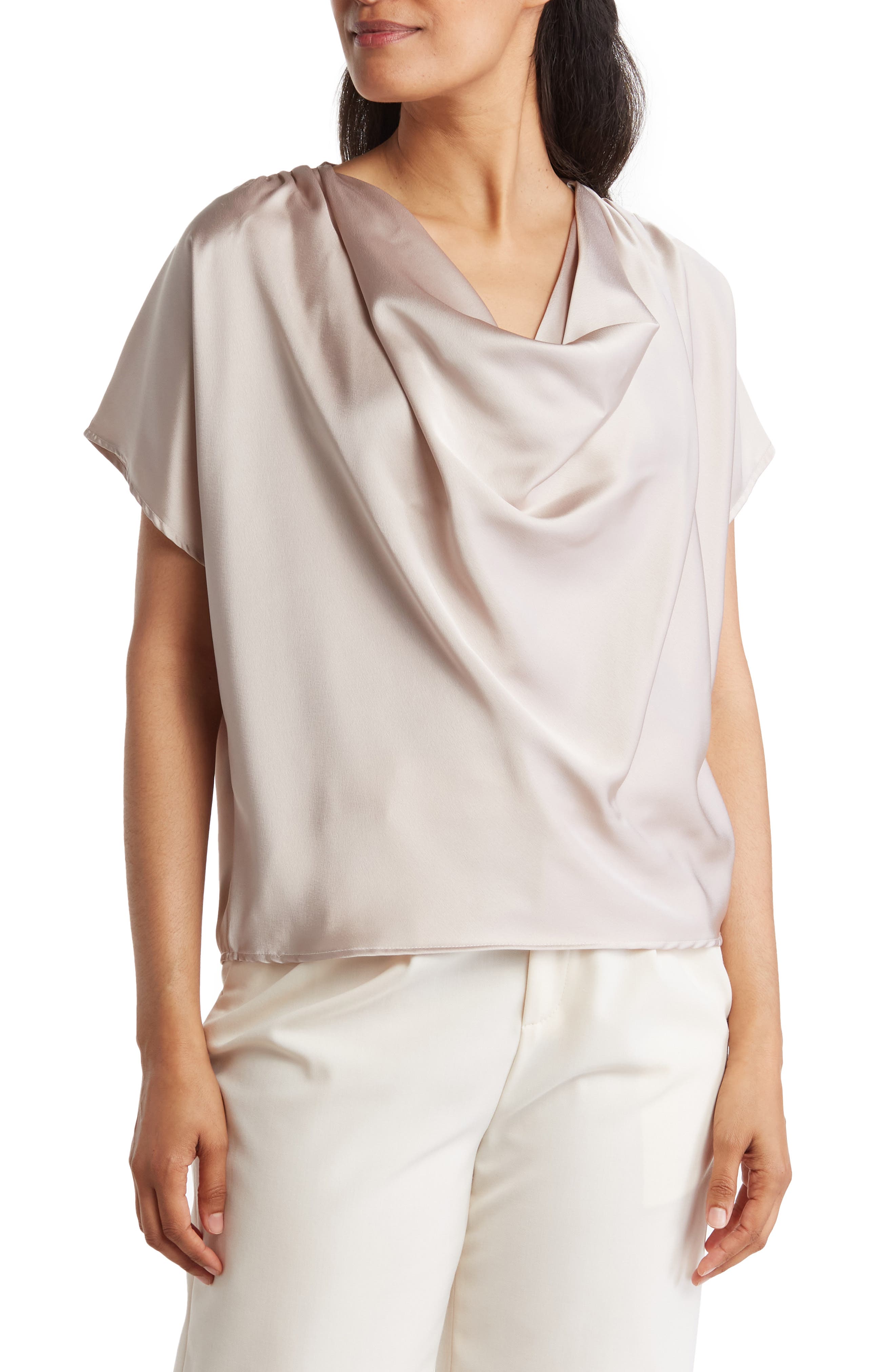 Renee C Cowl Neck Short Sleeve Satin Top