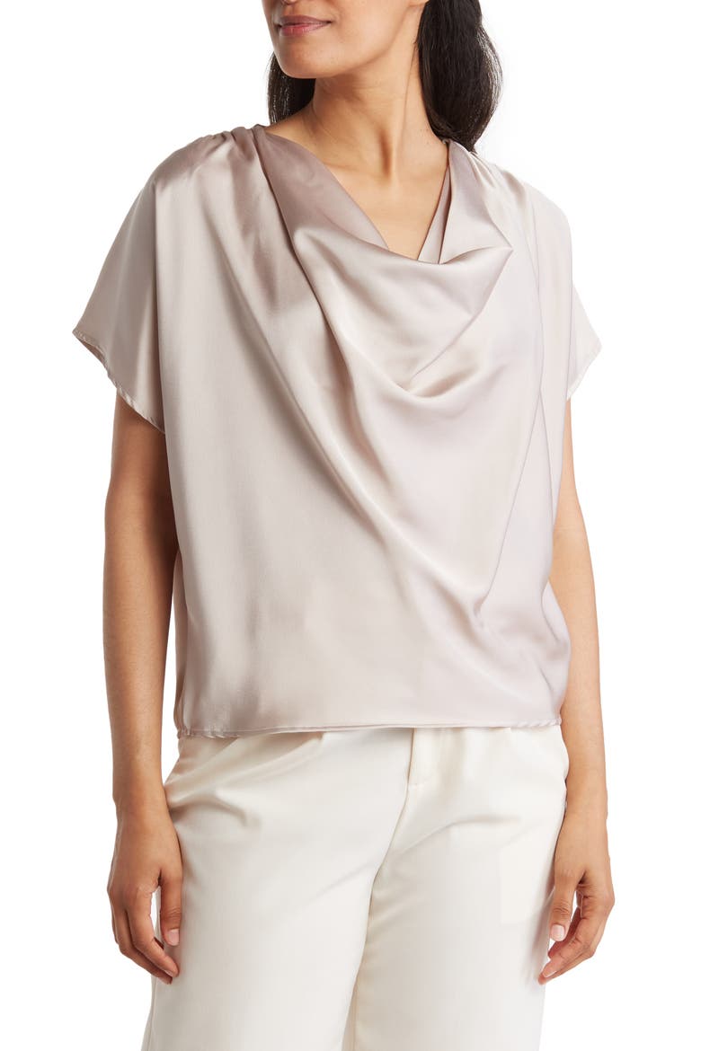 Cowl Neck Short Sleeve Satin Top, Main, color, BEIGE