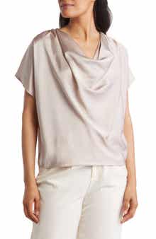 Renee C Cowl Neck Short Sleeve Satin Top