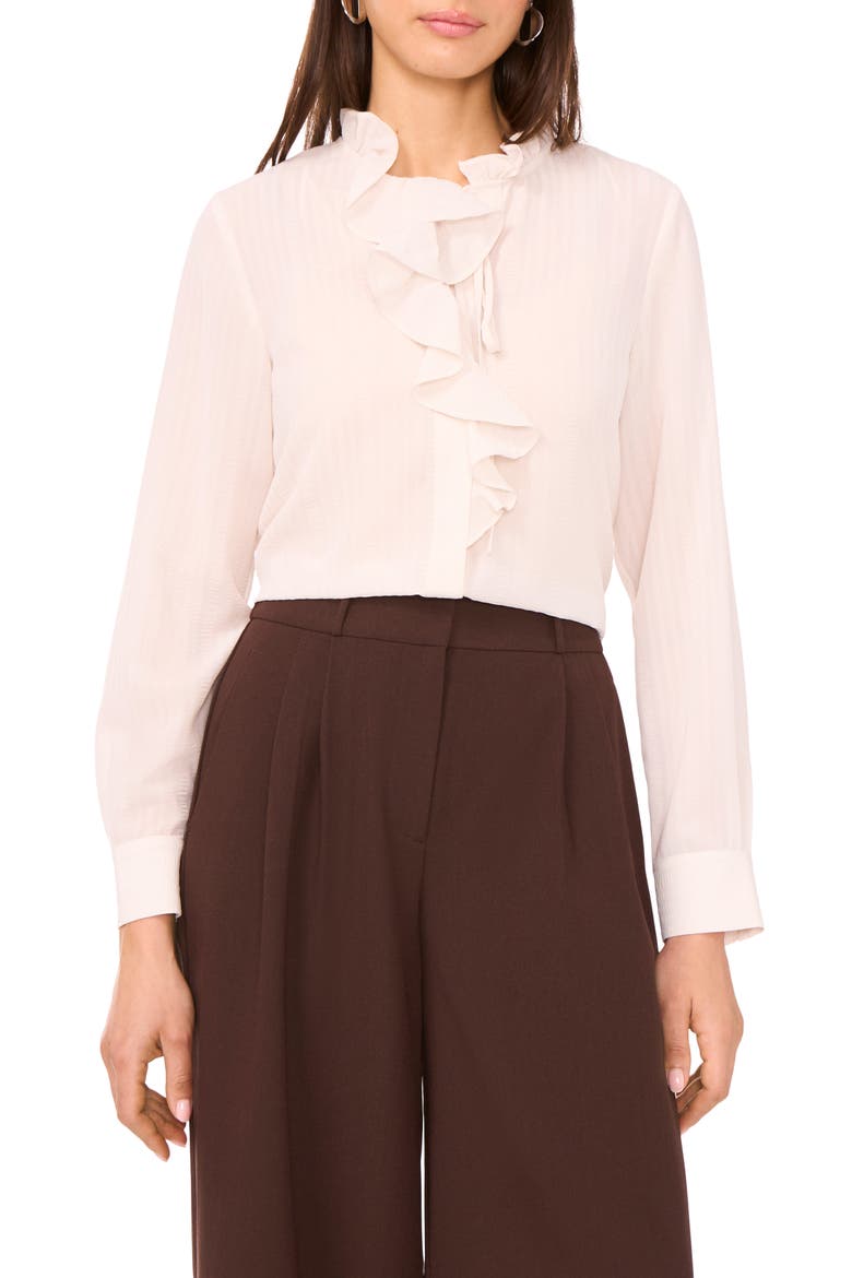 Stripe Ruffle Button-Up Shirt, Main, color, BIRCH