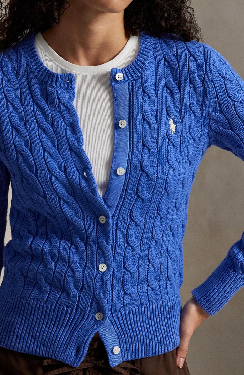 Polo Ralph Lauren Cable Knit Cotton Crewneck Cardigan, Alternate, color, Indigo Sky