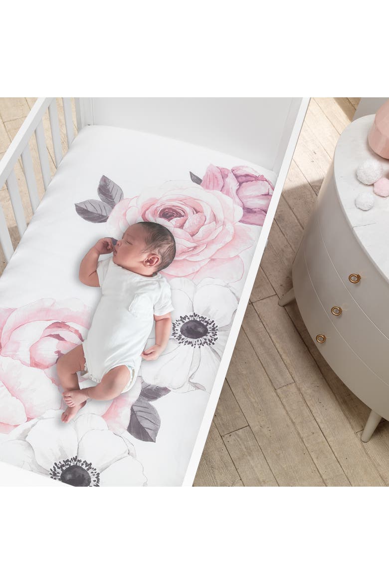 Floral Garden Watercolor Cotton Baby Fitted Crib Sheet, Alternate, color, Pink