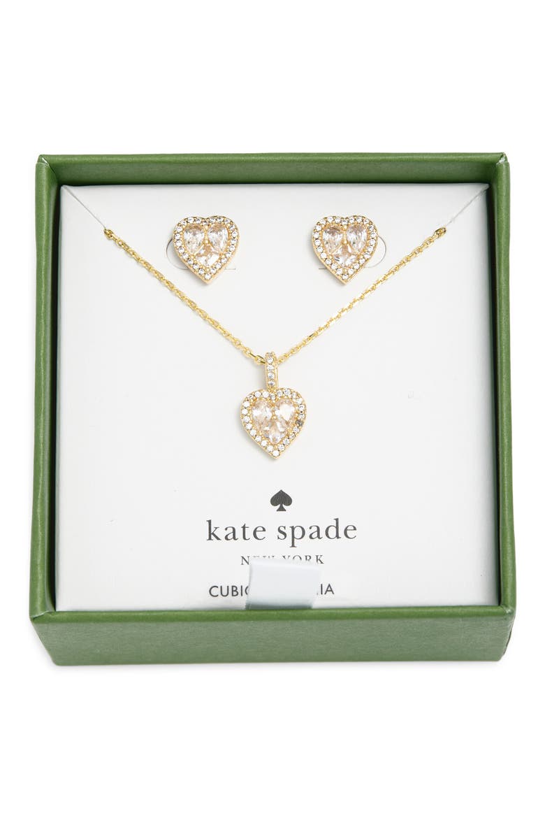 spell it out cubic zirconia heart pendant necklace & stud earrings set, Main, color, CLEAR/ GOLD