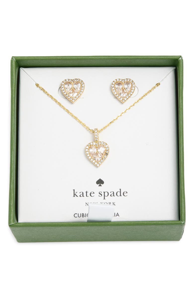 Kate Spade New York spell it out cubic zirconia heart pendant necklace & stud earrings set, Main, color, Clear/ Gold