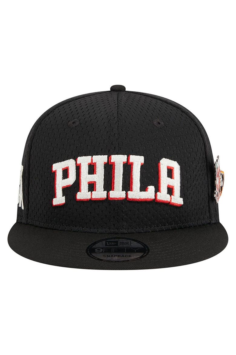 Men's New Era Black Philadelphia 76ers Post-Up Pin Mesh 9FIFTY Snapback Hat, Alternate, color, Black