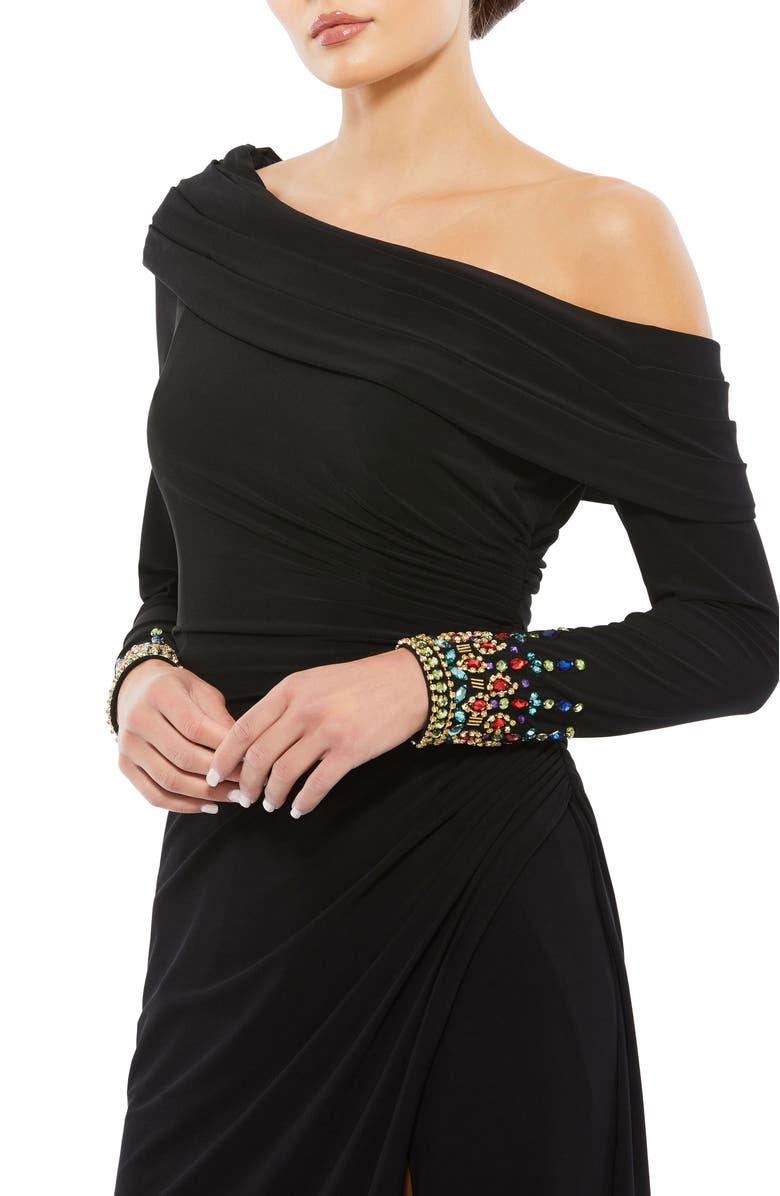Mac Duggal Jeweled Cuff Drop Shoulder Faux Wrap Gown, Alternate, color, Black Multi