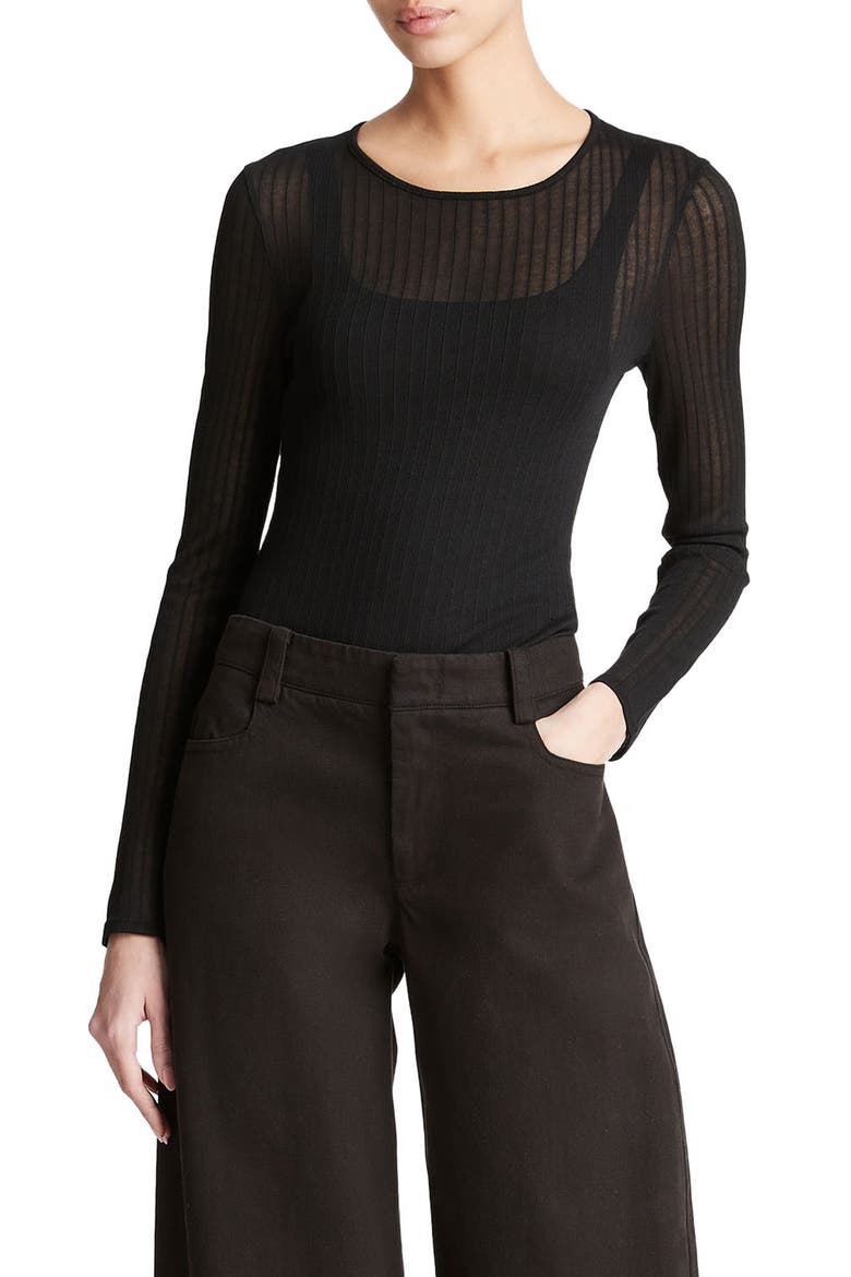 Semisheer Rib Long Sleeve Top, Main, color, BLACK
