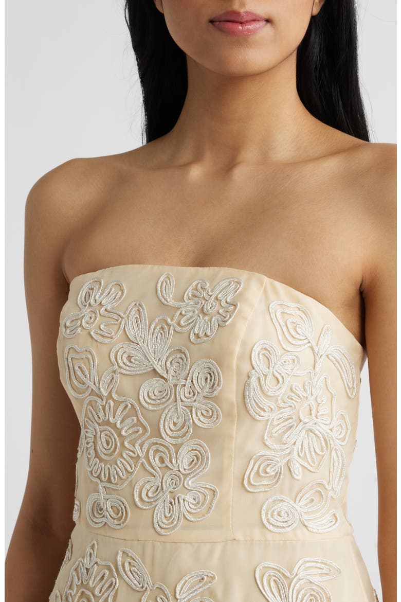 Soutache Embroidery Strapless Organza Cocktail Midi Dress, Alternate, color, MAIZE