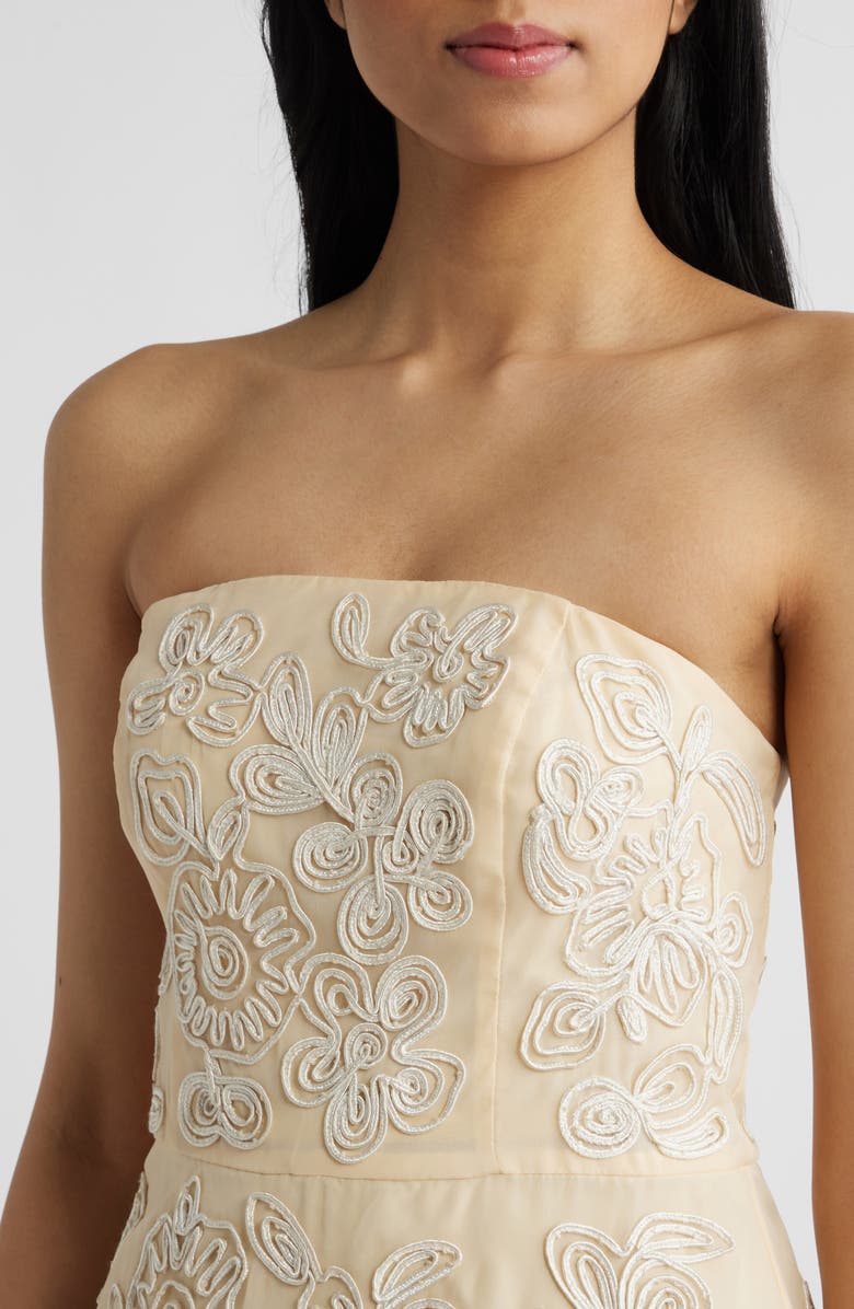 Adrianna Papell Soutache Embroidery Strapless Organza Cocktail Midi Dress, Alternate, color, Maize