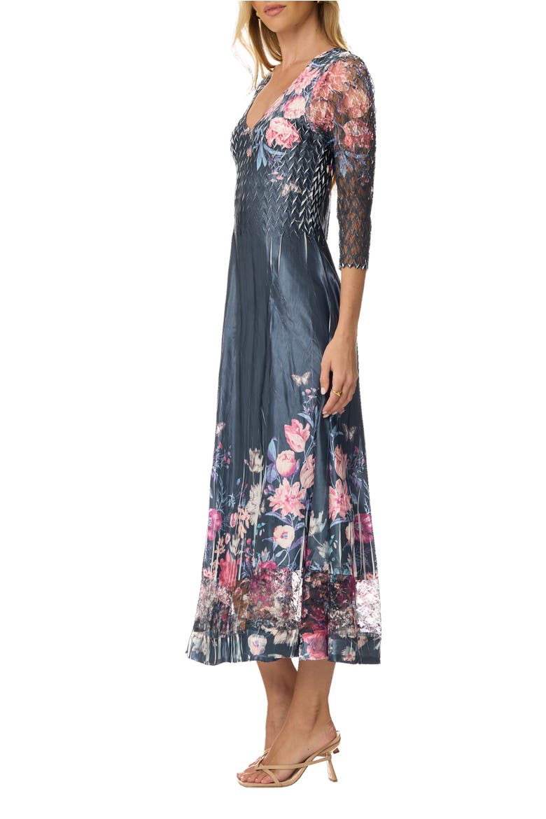 Floral Charmuese Dress with Lace Sleeves, Alternate, color, Florenza