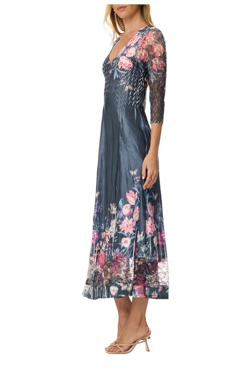 Komarov Floral Charmuese Dress with Lace Sleeves, Alternate, color, Florenza