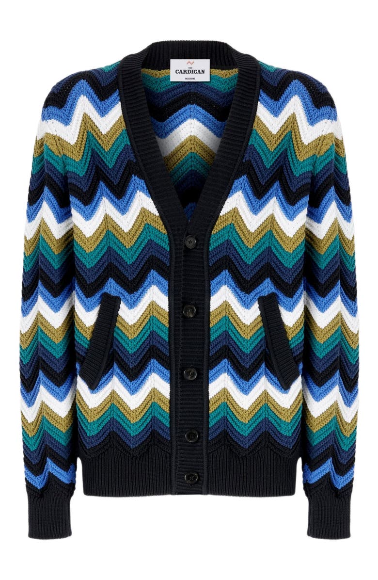 Missoni Chevron Knit Cardigan With Pockets And Contrasting Piping, Alternate, color, Blue