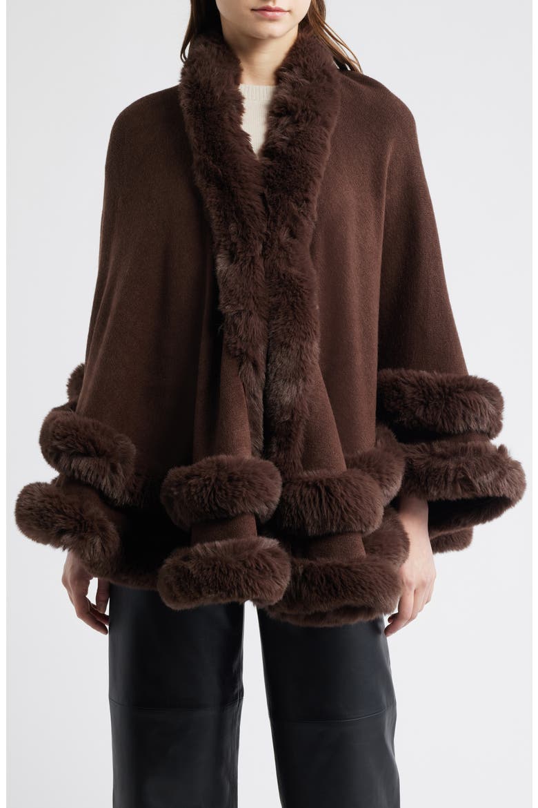 Faux Fur Trim Ruana, Alternate, color, CHOCOLATE