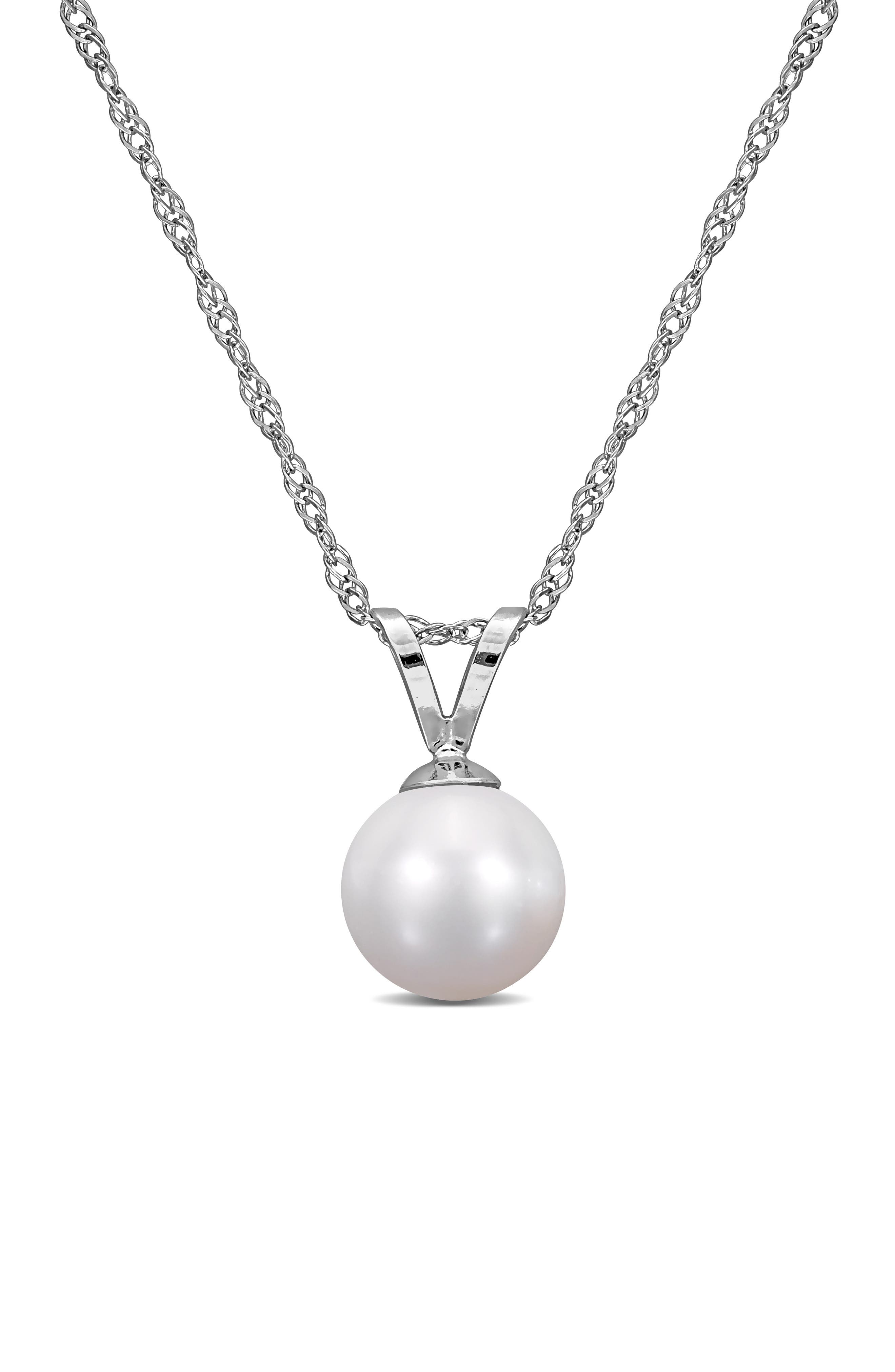 DELMAR 14K White Gold Cultured White Pearl Solitaire Pendant Necklace