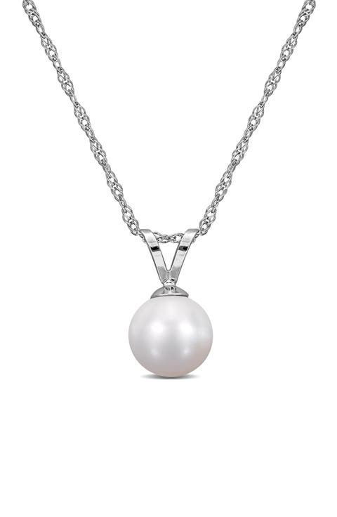 14K White Gold Cultured White Pearl Solitaire Pendant Necklace
