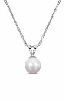 14K White Gold Cultured White Pearl Solitaire Pendant Necklace
