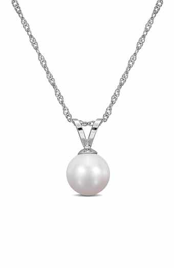 14K White Gold Cultured White Pearl Solitaire Pendant Necklace