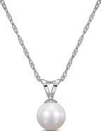 DELMAR 14K White Gold Cultured White Pearl Solitaire Pendant Necklace