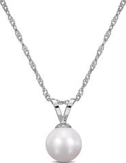 DELMAR 14K White Gold Cultured White Pearl Solitaire Pendant Necklace