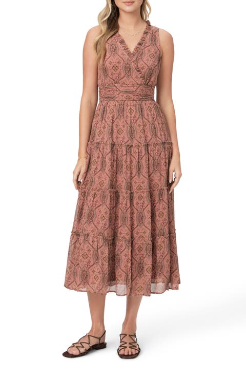 Rosarito Print Ruffle Sleeveless Silk Midi Dress