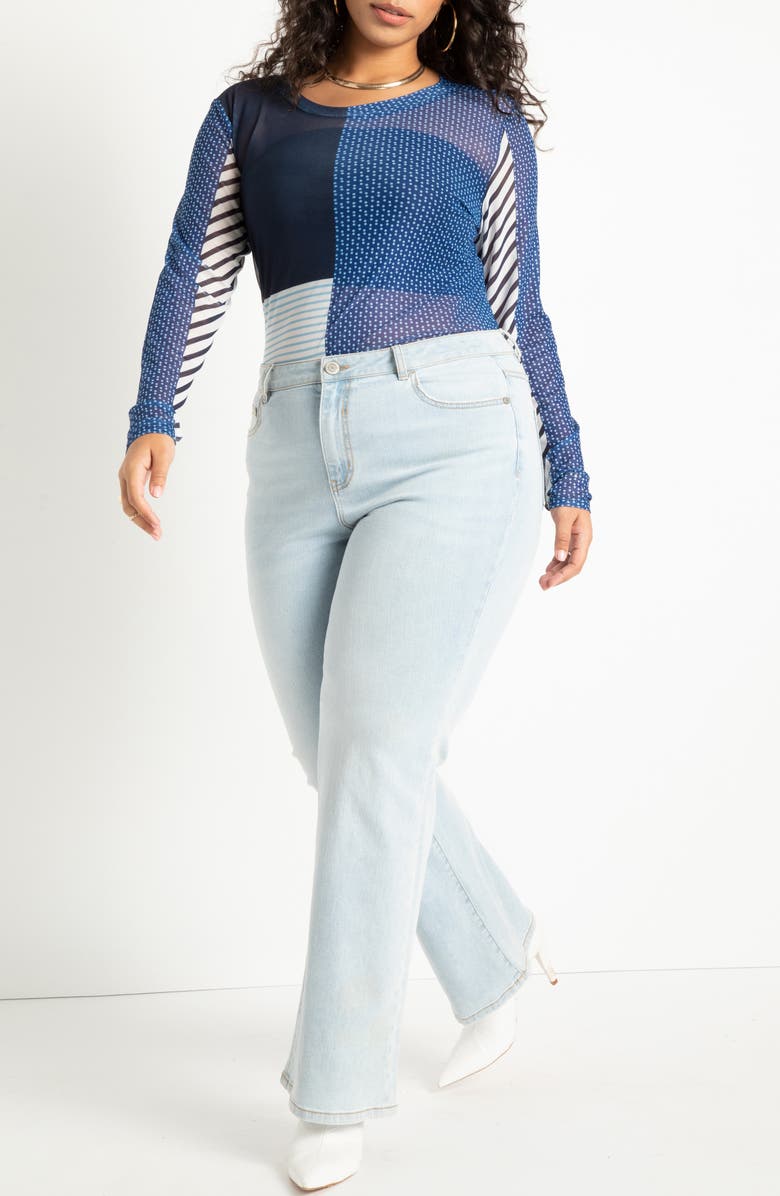 ELOQUII Patchwork Long Sleeve Sheer Mesh Top, Alternate, color, 