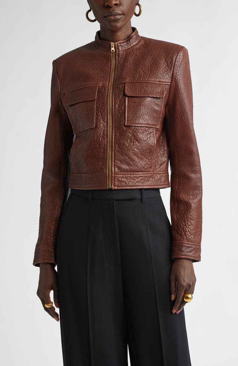 ST. JOHN Crinkled Leather Moto Jacket, Main, color, Redwood