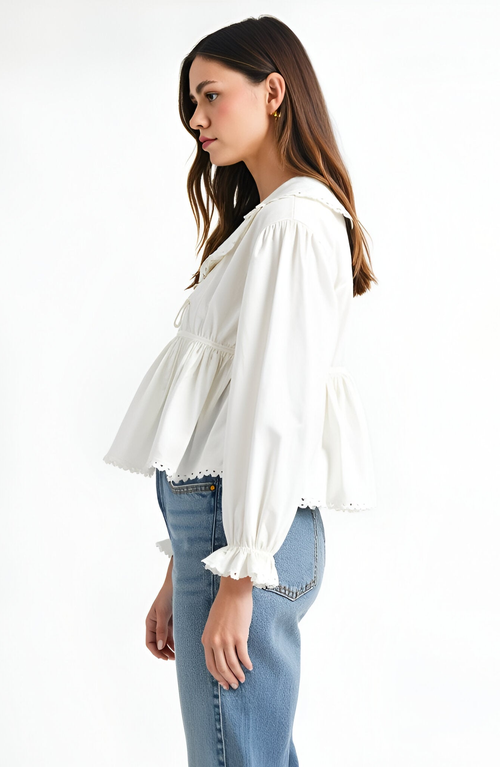 Modenaire Peplum Blouse With Oversized Collar, Scalloped Trim And Long Sleeves In White