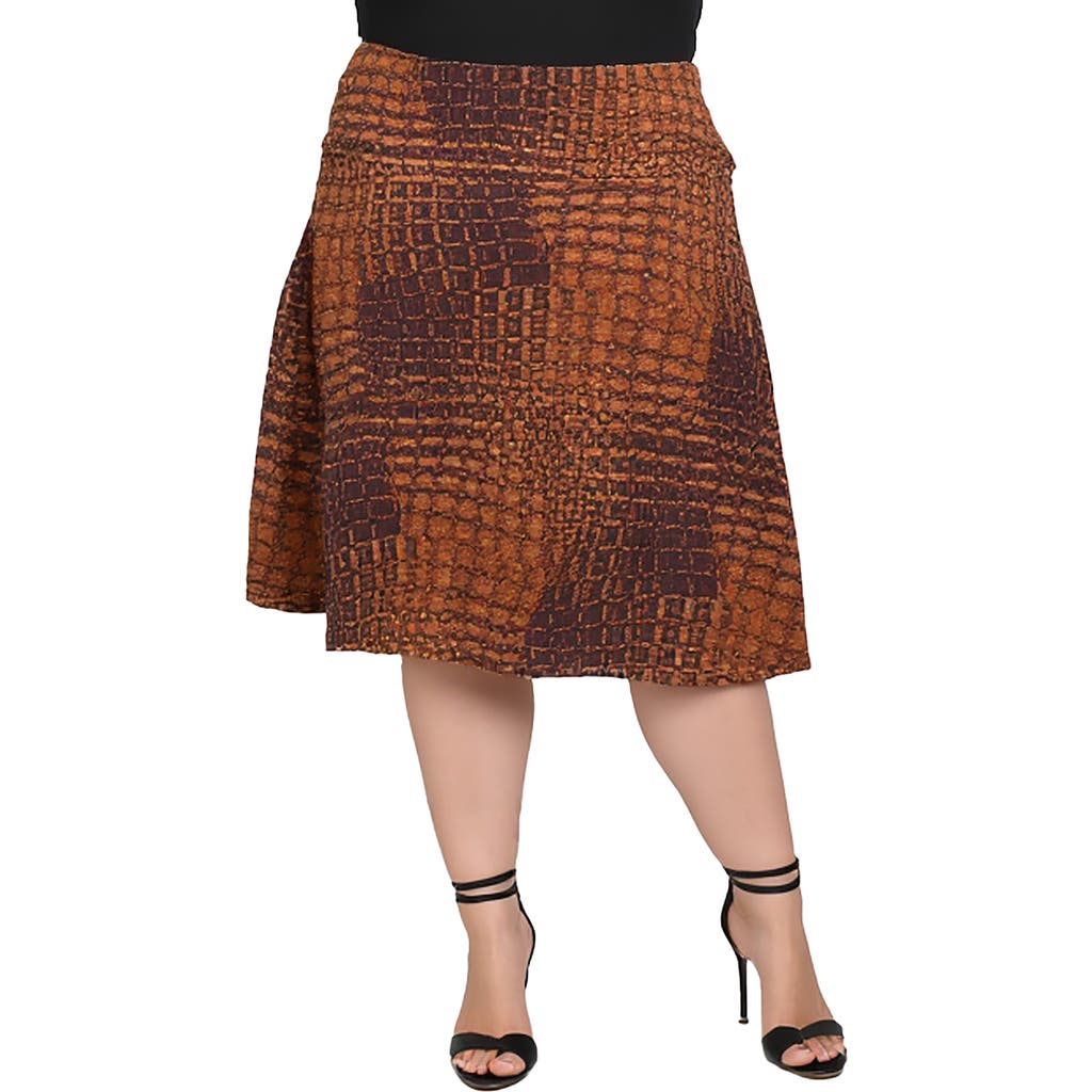 24seven Comfort Apparel Plus Size Brown Geometric Print Midi Skirts In Multi